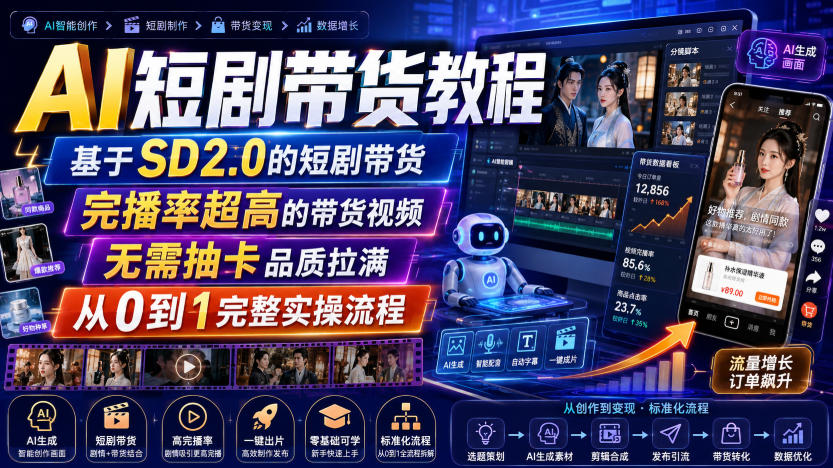 AI短剧带货教程,基于SD2.0的短剧带货,完播率超高的带货视频,无需抽卡品质拉满,从0到1完整实操流程-优优云网创
