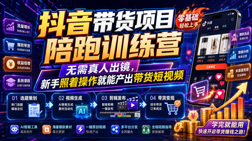 抖音带货项目陪跑训练营,无需真人出镜,新手照着操作就能产出带货短视频(更新0811)-优优云网创
